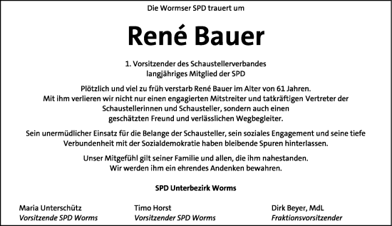 Traueranzeige von René Bauer von Wormser Zeitung