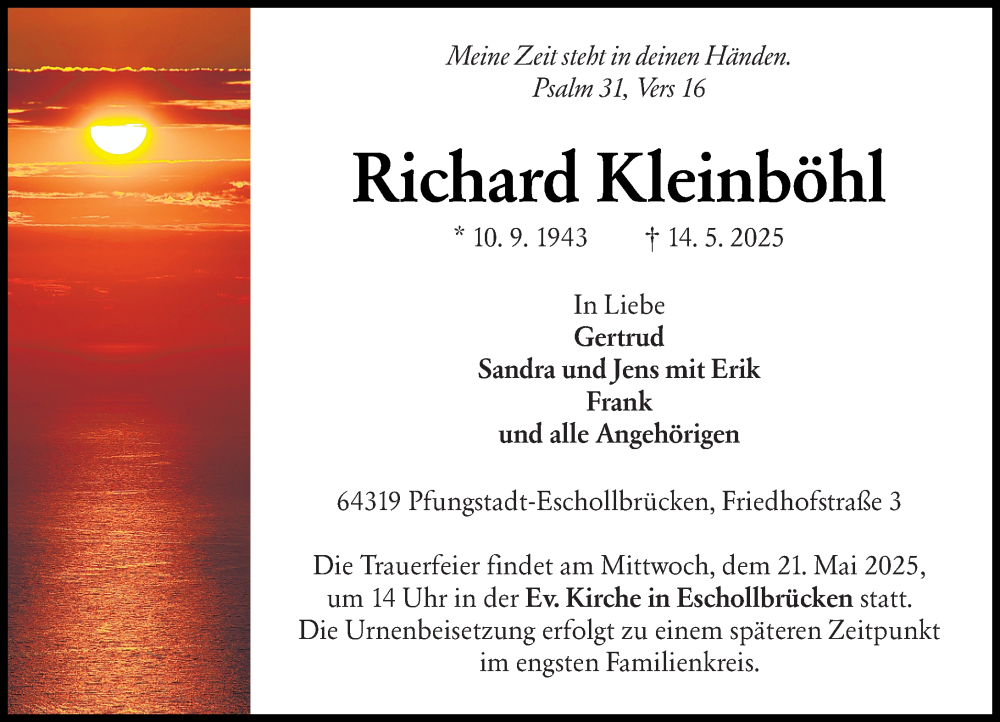 Traueranzeige für Richard Kleinböhl vom 17.05.2025 aus Darmstädter Echo