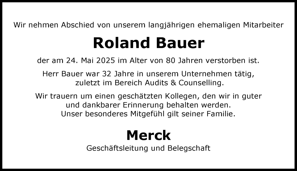  Traueranzeige für Roland Bauer vom 31.05.2025 aus Darmstädter Echo