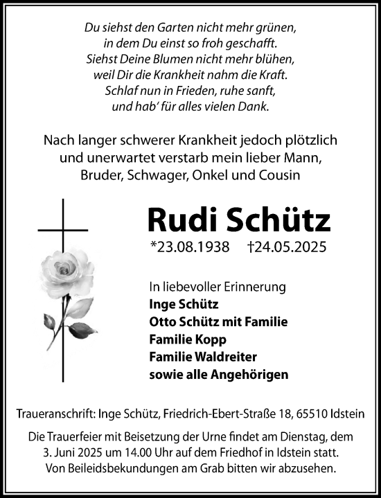 Traueranzeige von Rudi Schütz von Idsteiner Land/Untertaunus