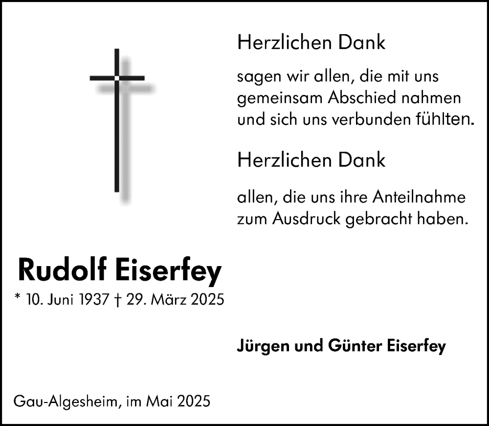  Traueranzeige für Rudolf Eiserfey vom 10.05.2025 aus Allgemeine Zeitung Rheinhessen-Nahe