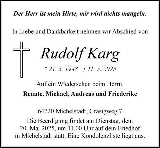 Traueranzeige von Rudolf Karg von Odenwälder Echo