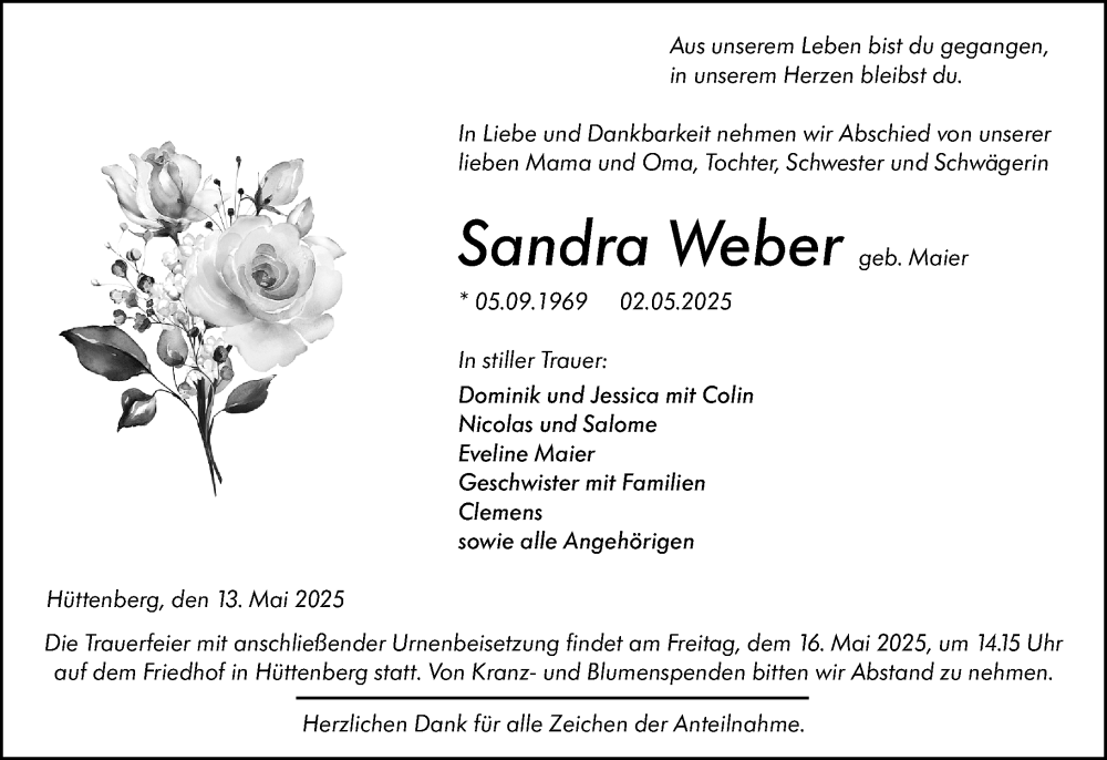  Traueranzeige für Sandra Weber vom 13.05.2025 aus Wetzlarer Neue Zeitung