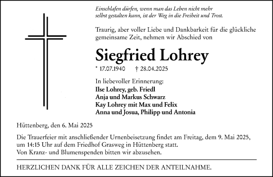 Traueranzeige von Siegfried Lohrey von Wetzlarer Neue Zeitung