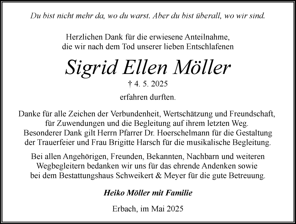  Traueranzeige für Sigrid Ellen Möller vom 31.05.2025 aus Odenwälder Echo