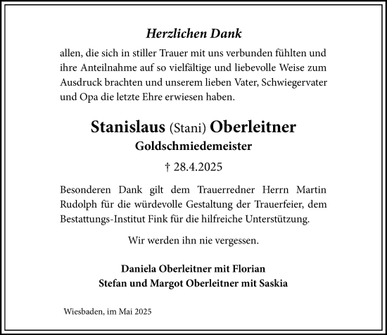 Traueranzeige von Stanislaus Oberleitner von Wiesbadener Kurier
