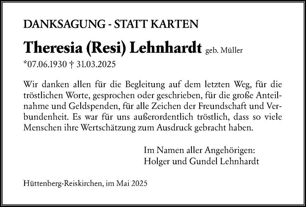  Traueranzeige für Theresia Lehnhardt vom 10.05.2025 aus Wetzlarer Neue Zeitung