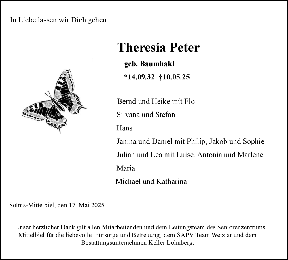  Traueranzeige für Theresia Peter vom 17.05.2025 aus Wetzlarer Neue Zeitung