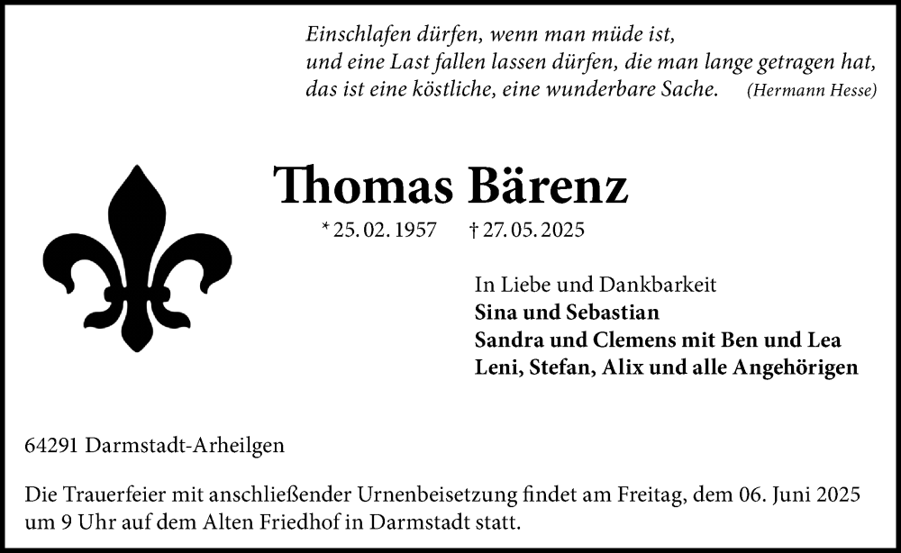 Traueranzeige für Thomas Bärenz vom 31.05.2025 aus Darmstädter Echo