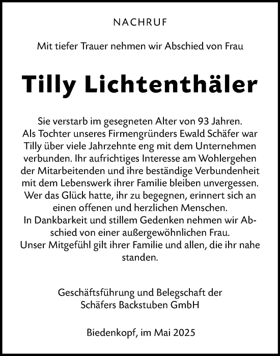 Traueranzeige von Tilly Lichtenthäler von Hinterländer Anzeiger