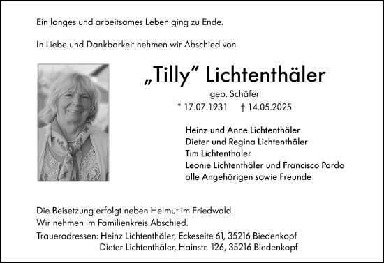 Traueranzeige von Tilly Lichtenthäler von Hinterländer Anzeiger