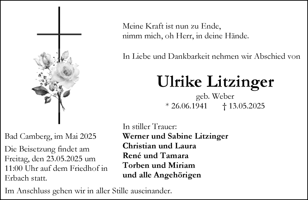  Traueranzeige für Ulrike Litzinger vom 22.05.2025 aus Camberger Anzeiger