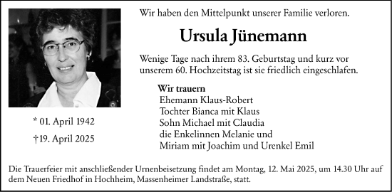 Traueranzeige von Ursula Jünemann von Hochheimer Zeitung