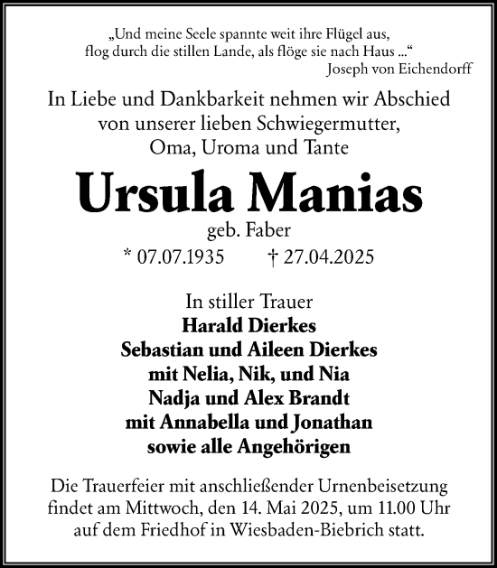 Traueranzeige von Ursula Manias von Wiesbadener Kurier