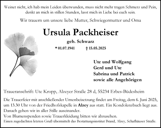 Traueranzeige von Ursula Packheiser von Allgemeine Zeitung Alzey