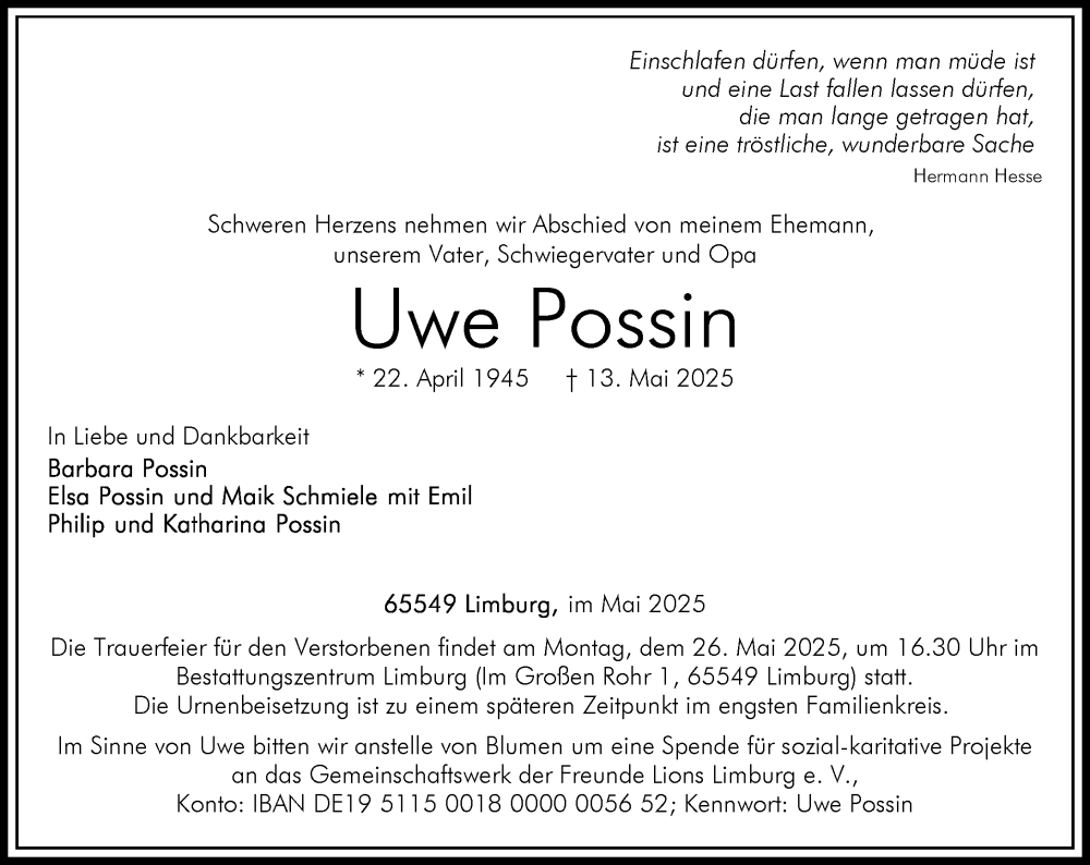  Traueranzeige für Uwe Possin vom 17.05.2025 aus Nassauische Neue Presse