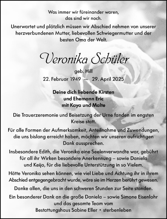 Traueranzeige von Veronika Schüler von Darmstädter Echo