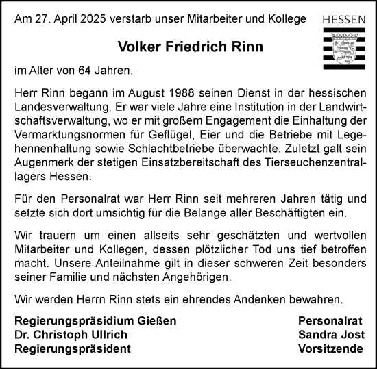 Traueranzeige von Volker Friedrich Rinn von Wetzlarer Neue Zeitung