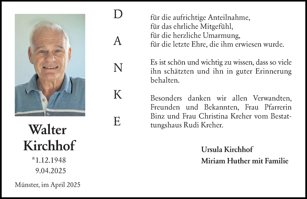  Traueranzeige für Walter Kirchhof vom 03.05.2025 aus Dieburger Anzeiger/Groß-Zimmerner Lokal-Anzeiger