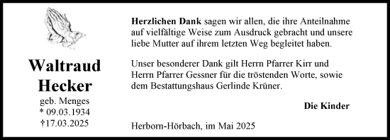 Traueranzeige von Waltraud Hecker von Dill Block