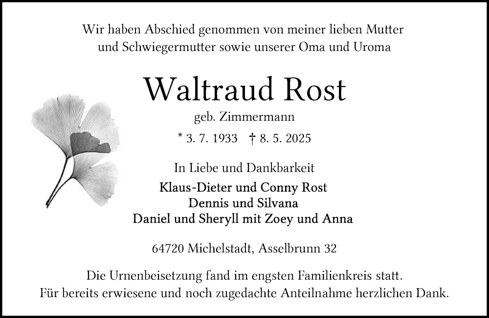  Traueranzeige für Waltraud Rost vom 24.05.2025 aus Odenwälder Echo
