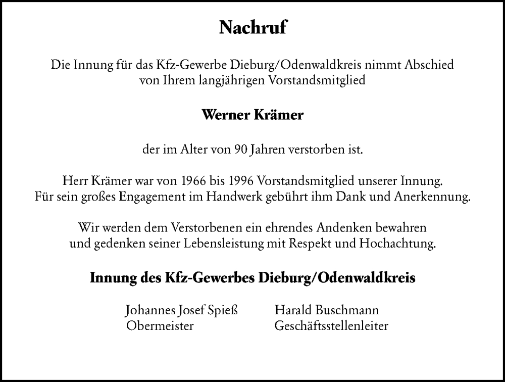  Traueranzeige für Werner Krämer vom 31.05.2025 aus Odenwälder Echo