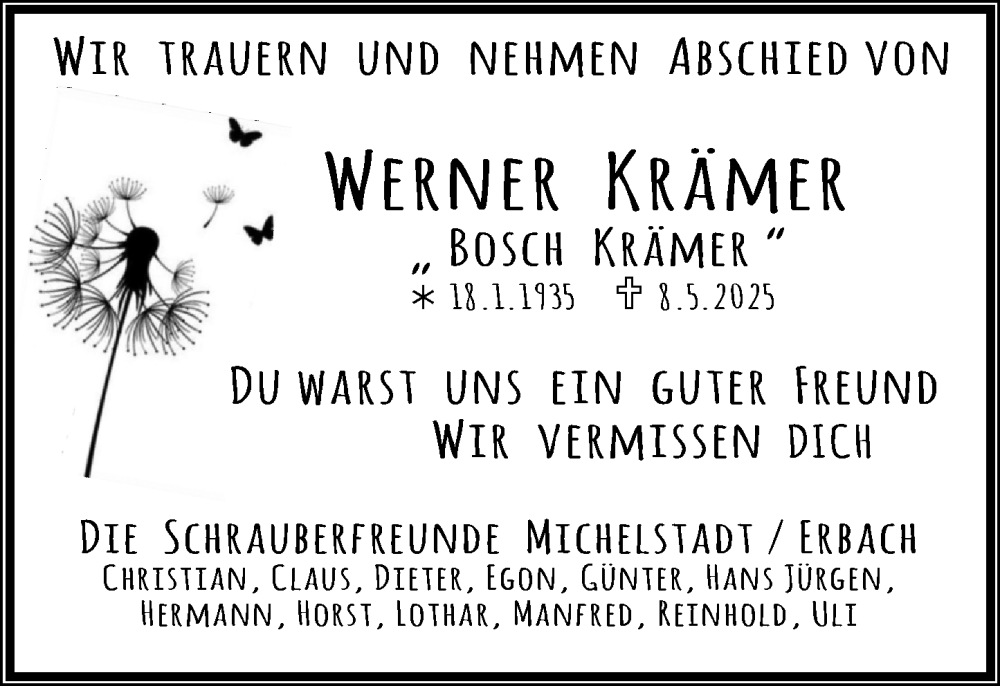  Traueranzeige für Werner Krämer vom 24.05.2025 aus Odenwälder Echo