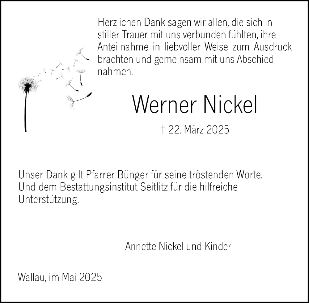  Traueranzeige für Werner Nickel vom 19.05.2025 aus Hinterländer Anzeiger