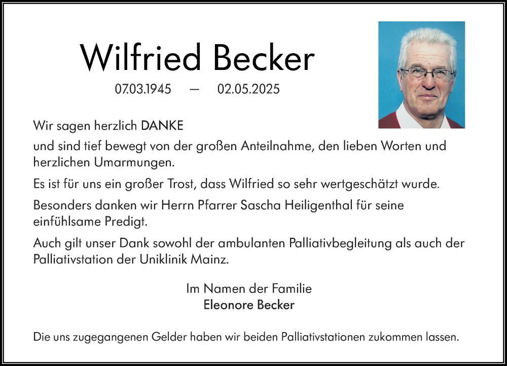  Traueranzeige für Wilfried Becker vom 31.05.2025 aus Allgemeine Zeitung Mainz