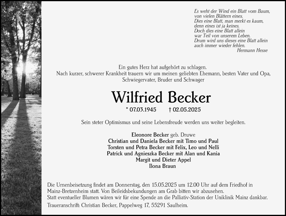  Traueranzeige für Wilfried Becker vom 10.05.2025 aus Allgemeine Zeitung Mainz