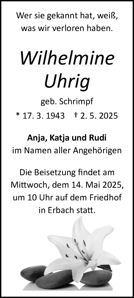 Traueranzeige von Wilhelmine Uhrig von Odenwälder Echo