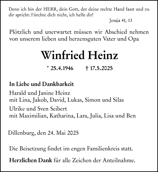 Traueranzeige von Winfried Heinz von Dill Block