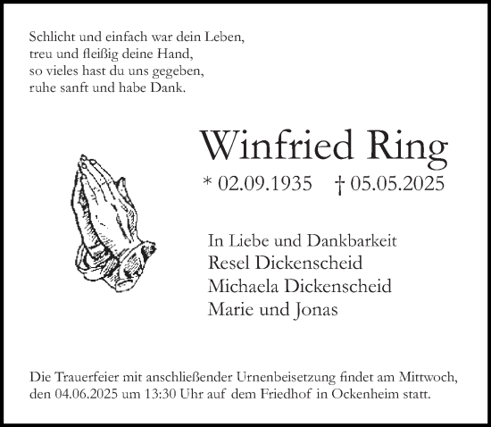 Traueranzeige von Winfried Ring von Allgemeine Zeitung Rheinhessen-Nahe