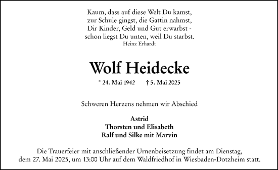 Traueranzeige von Wolf Heidecke von Wiesbadener Kurier
