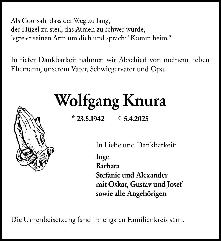  Traueranzeige für Wolfgang Knura vom 03.05.2025 aus Allgemeine Zeitung Alzey