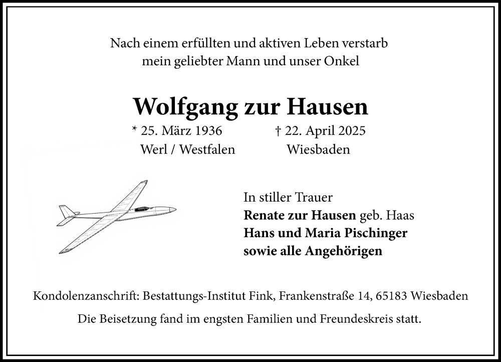  Traueranzeige für Wolfgang zur Hausen vom 03.05.2025 aus Wiesbadener Kurier