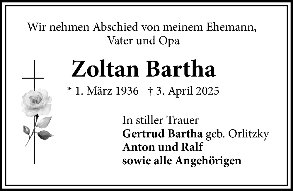  Traueranzeige für Zoltan Bartha vom 10.05.2025 aus Wiesbadener Kurier