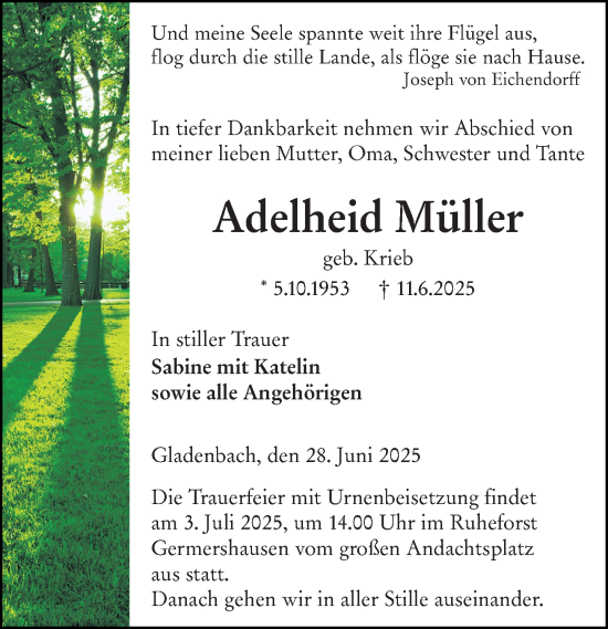 Traueranzeige von Adelheid Müller von Hinterländer Anzeiger