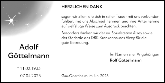 Traueranzeige von Adolf Göttelmann von Allgemeine Zeitung Alzey