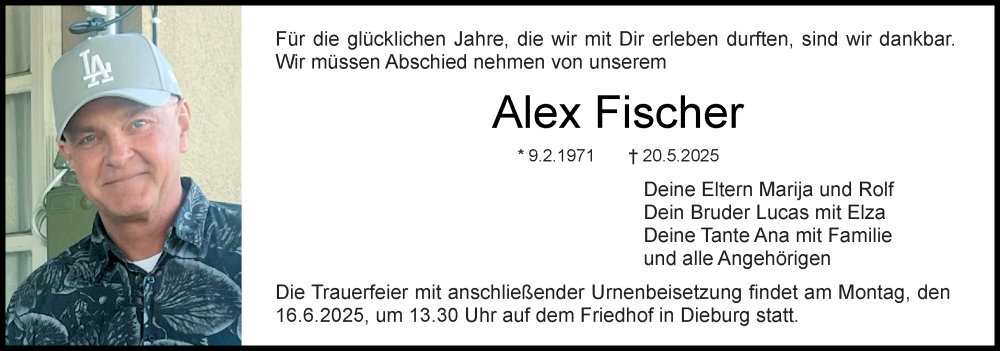  Traueranzeige für Alex Fischer vom 14.06.2025 aus Dieburger Anzeiger/Groß-Zimmerner Lokal-Anzeiger