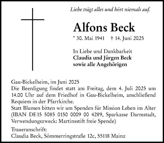 Traueranzeige von Alfons Beck von Allgemeine Zeitung Rheinhessen-Nahe