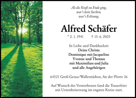 Traueranzeige von Alfred Schäfer von Groß-Gerauer Echo