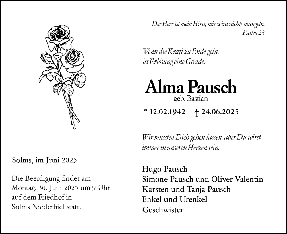  Traueranzeige für Alma Pausch vom 28.06.2025 aus Wetzlarer Neue Zeitung