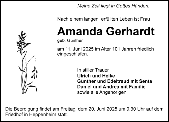 Traueranzeige von Amanda Gerhardt von Wormser Zeitung