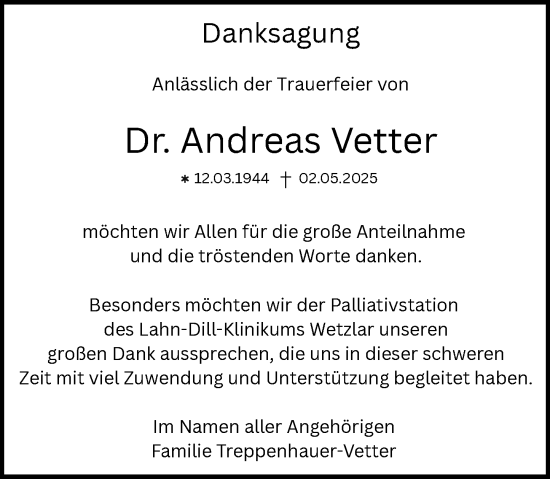 Traueranzeige von Andreas Vetter von Wetzlarer Neue Zeitung
