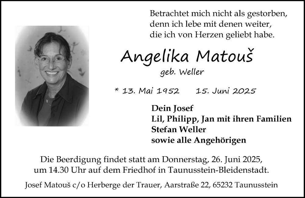  Traueranzeige für Angelika Matous vom 21.06.2025 aus Wiesbadener Kurier
