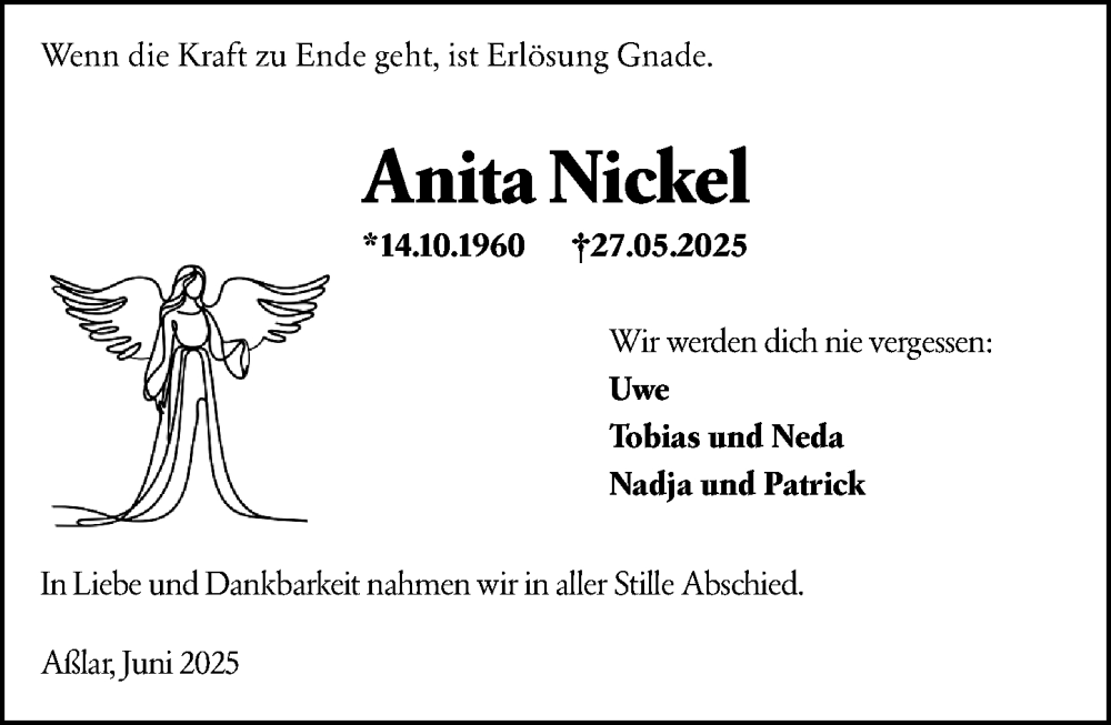  Traueranzeige für Anita Nickel vom 21.06.2025 aus Wetzlarer Neue Zeitung
