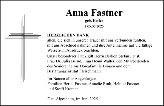 Traueranzeige von Anna Fastner von Allgemeine Zeitung Rheinhessen-Nahe