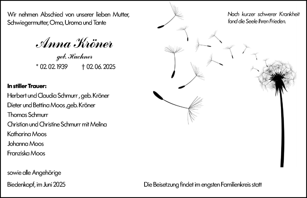  Traueranzeige für Anna Kröner vom 06.06.2025 aus Hinterländer Anzeiger