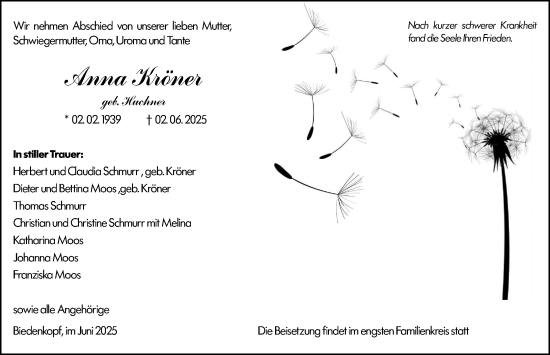 Traueranzeige von Anna Kröner von Hinterländer Anzeiger